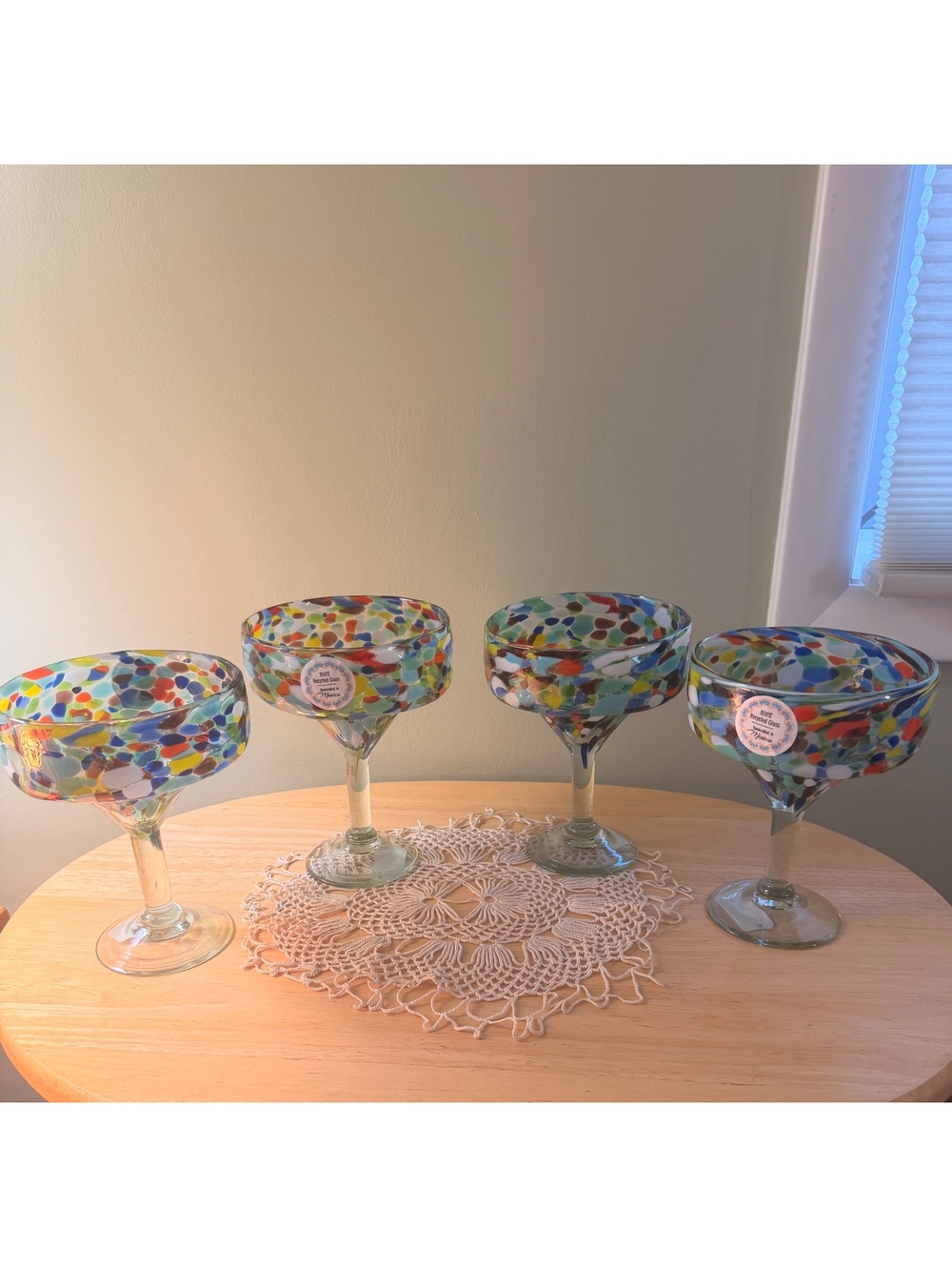 Set of 4 Colorful Handcrafted Recycled Glass Margarita Glasses